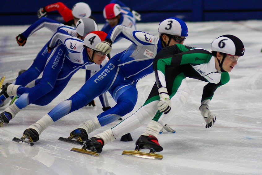 William Lyons, right, won a bronze medal for P.E.I. at the season-opening Quebec provincial circuit short track speed skating meet in Matane, Que., during the weekend.