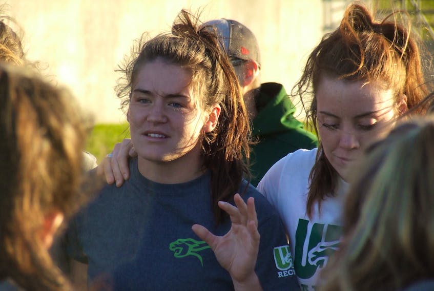 Fourth-year fullback Alysha Corrigan, left, of the UPEI Panthers women’s rugby team talks to the squad after practice on Thursday. UPEI and Acadia faceoff on Friday, at 6 p.m., in the AUS semifinal in Wolfville, N.S.
Charles Reid/The Guardian