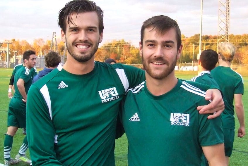 Jeff Moore, left, and Lucas Holmes, both fifth-year seniors on the UPEI Panthers men’s soccer team, play the last home game of their careers Saturday versus Memorial.