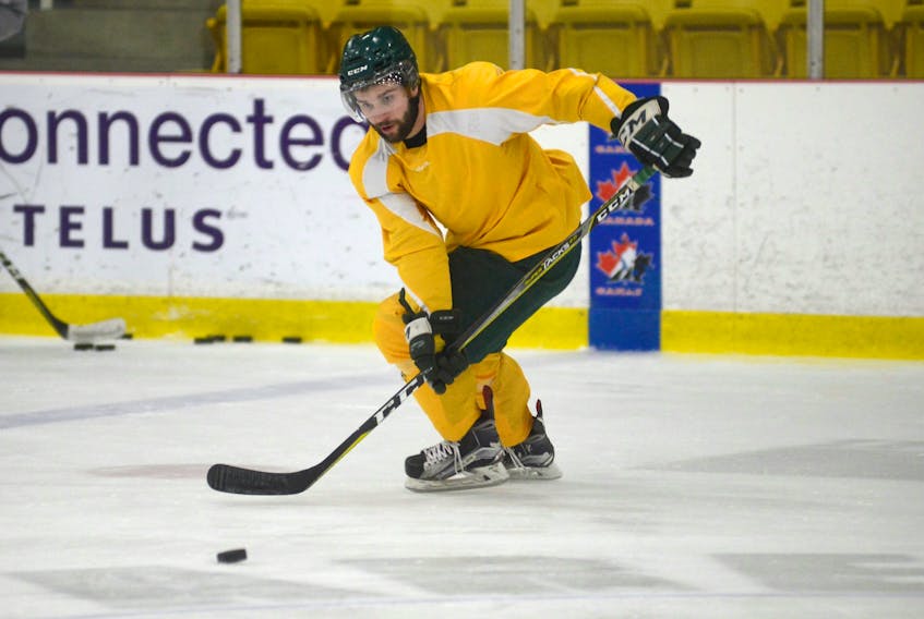 Darcy Ashley takes a pass during a UPEI Panthers practice Tuesday in Charlottetown.