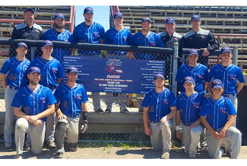 The Kevin Quinn Re/Max Ravens are heading to Quebec for the national junior softball championship. Team members, front row, from left, are Sam Walsh, Parker Ronahan, Matt Lange, Jonathan Arsenault and Alex Jabbour. Second row, Ty McAdam, Grant Grady, Parker Day and Bret Cheverie. Third row, head coach Mike Bishop, Stephen O'Shea, Bret Birt, Owen Arsenault, Logan Gallant, assistant coach/manager George Weatherbie and assistant coach Steven Bishop. Missing was Dominic Mott.