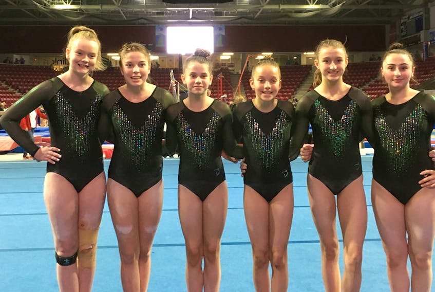 Members of Team P.E.I. take a moment before competition at the recent Eastern Canadian Gymnastics Championships in Summerside to pose for a team picture. From left are Rae-lee MacDonald, Kylee Hill, Emma King, Solen Trainor, Anna Bernard and Tanisha Tawil.