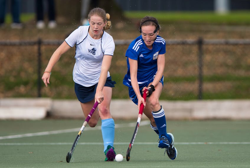 Abbey MacLellan of Pownal, right, is competing at the U Sports Field Hockey National Championships this weekend with the UBC Thunderbirds. This is MacLellan’s first full season playing for UBC following an injury last year. Photo by Rich Lam/UBC Athletics