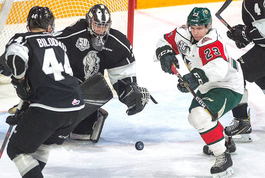 Halifax Mooseheads forward Keith Getson goes after a loose puck during Quebec Major Junior Hockey League regular season action against the Gatineau Olympiques.