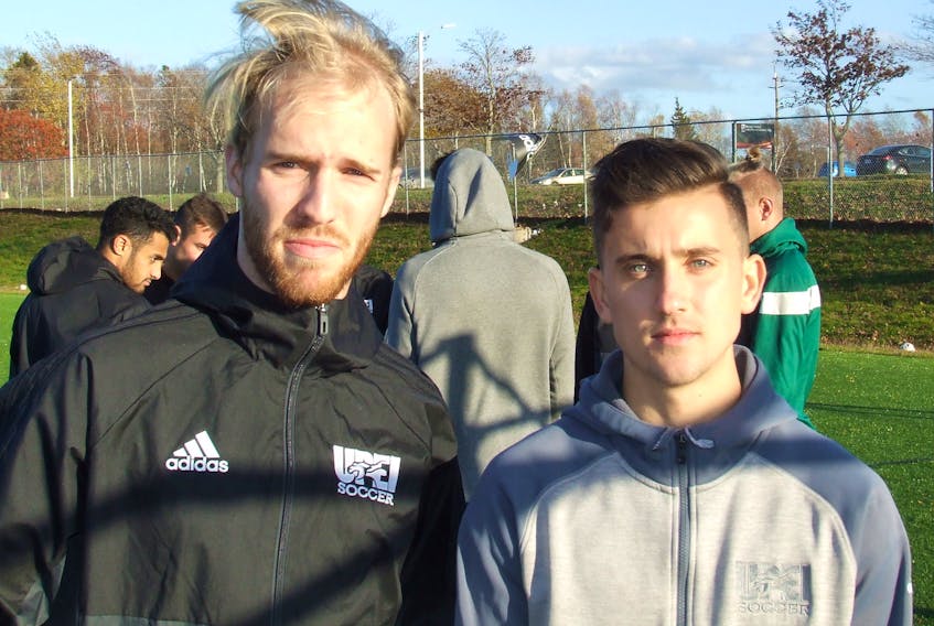 Fourth-year centre back Ben Keefe, left, and third-year midfielder Sam Smiley have been a large part of UPEI’s run to the AUS men’s soccer championship which starts Thursday in Sydney, N.S.