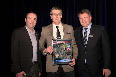 Freetown native Steve Reeves won the masters athlete of the year award at the recent Sport P.E.I. awards night. From left are Jamie MacPhail of Amalgamated Dairies Ltd., Reeves and Sport P.E.I. board member Ron Waite. Phil Matusiewicz/Sport P.E.I.