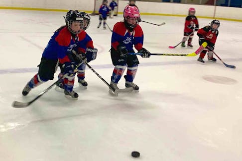 Members of the SEFHA Pantheres, from left, Leanne Bourgeois, Lexi Légère and Chelsea Caissy chase the puck at a recent practice in Dieppe, N.B. The novice team plays in the Sweetheart female hockey tournament Thursday through Sunday in P.E.I. for the first time in the tournament’s 13-year history.