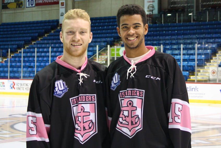 Hunter Drew, left, and captain Pierre-Olivier (P.O.) Joseph display the Charlottetown Islanders pink jerseys they will wear at Friday’s Quebec Major Junior Hockey League contest with Shawinigan.
