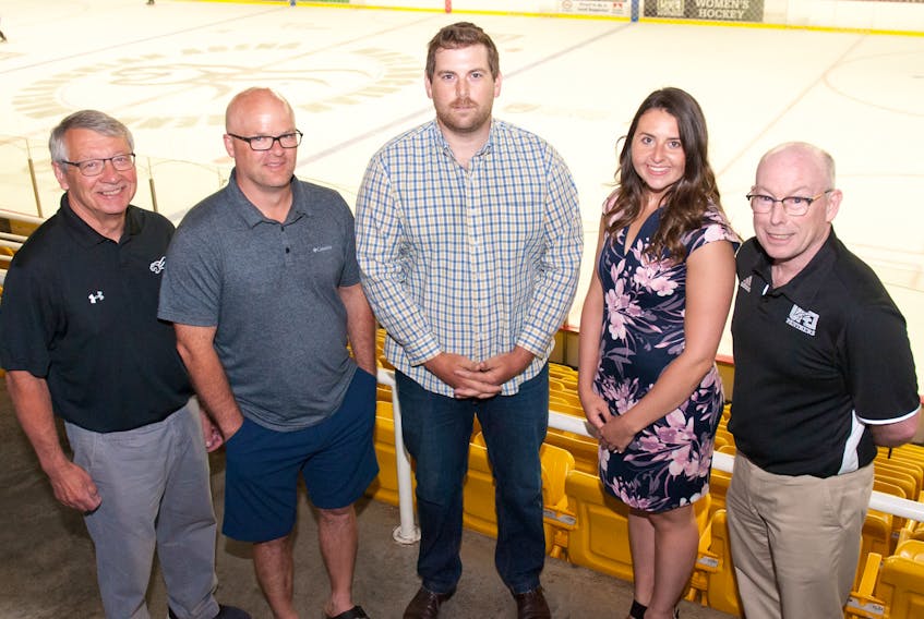 The UPEI Panthers have some new additions to the women’s hockey staff for the upcoming season. From left are Donnie MacFadyen, Lance Jones, Jamie MacIntyre, Ashlyn Somers and Bruce Donaldson.