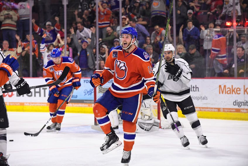Charlottetown’s Josh Currie celebrates a goal with the American Hockey League’s Bakersfield Condors in this file photo. Currie signed a two-year deal with the NHL’s Edmonton Oilers on Wednesday. Photo special to The Guardian by the Bakersfield Condors