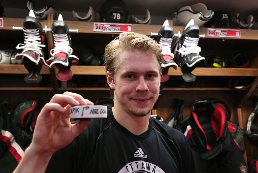Filip Chlapik scored his first NHL goal Thursday, March 22, in Ottawa as the Senators played the Edmonton Oilers.