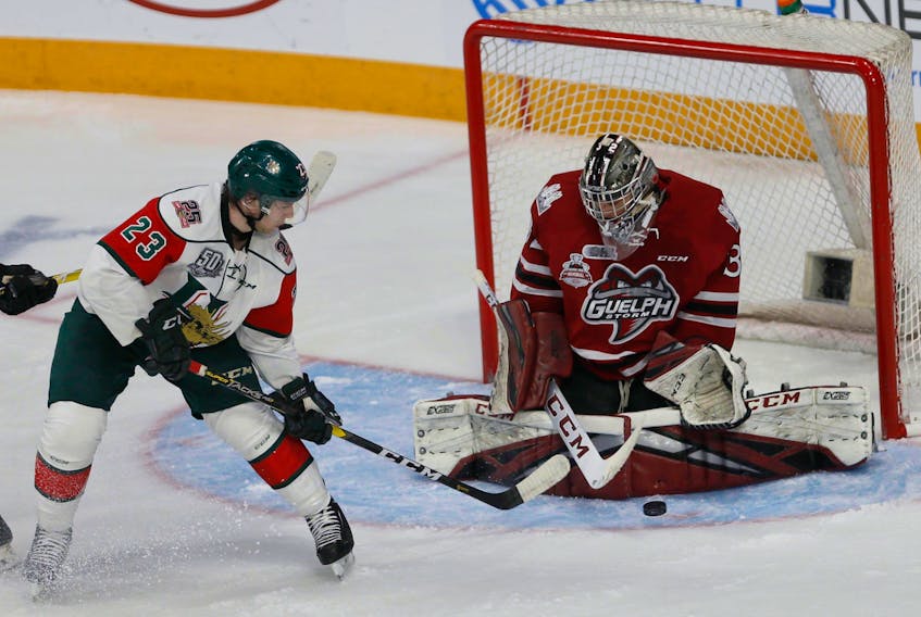 Halifax Mooseheads centre Keith Getson is stymied by Guelph Storm goalie Anthon Popovich during Memorial Cup action in Halifax.