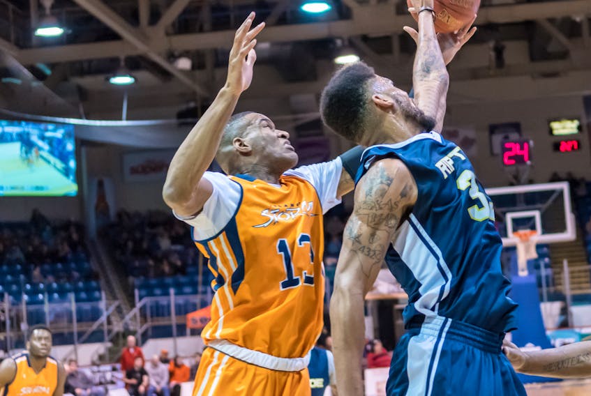 Island Storm forward Du’Vaughan Maxwell goes up for the ball against a member of the Saint John Riptide in National Basketball League of Canada action at the Eastlink Centre in Charlottetown on Sunday. - Photo special to The Guardian by Phil Matusiewicz