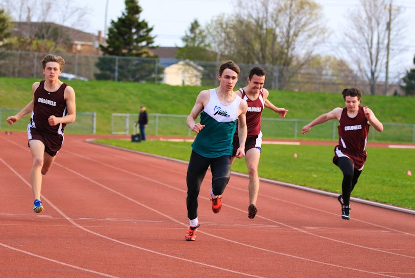 Bluefield’s Zach Wilson, second from left, won the senior boys’ 100-metre dash in 11.45 at Prince Edward Island School Athletic Association provincial track and field meet at UPEI.