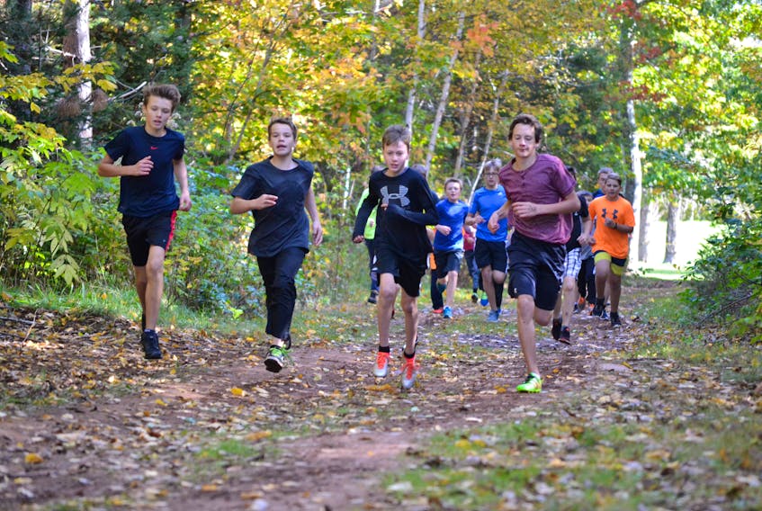 Jarvis McRae, right, matches strides with the lead group of runners early in the Zone 1 bantam boys cross country race Wednesday, at Mill River Experience Park. McRae, running for M.E. Callaghan School, would pick up the pace and win the race by 34 seconds. Jordan Gough, left, running for Hernewood, finished second.