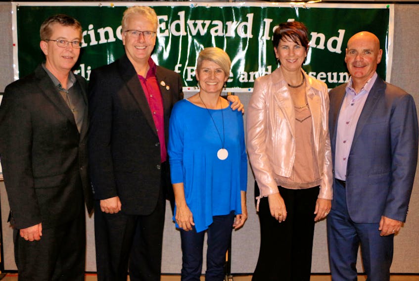 The P.E.I. Curling Hall of Fame and Museum’s 2017 inductee class included, from left, Robert Campbell, Mark Butler, Peter Gallant (represented by wife Leanne Gallant, Kathy O’Rourke and Mark O’Rourke.