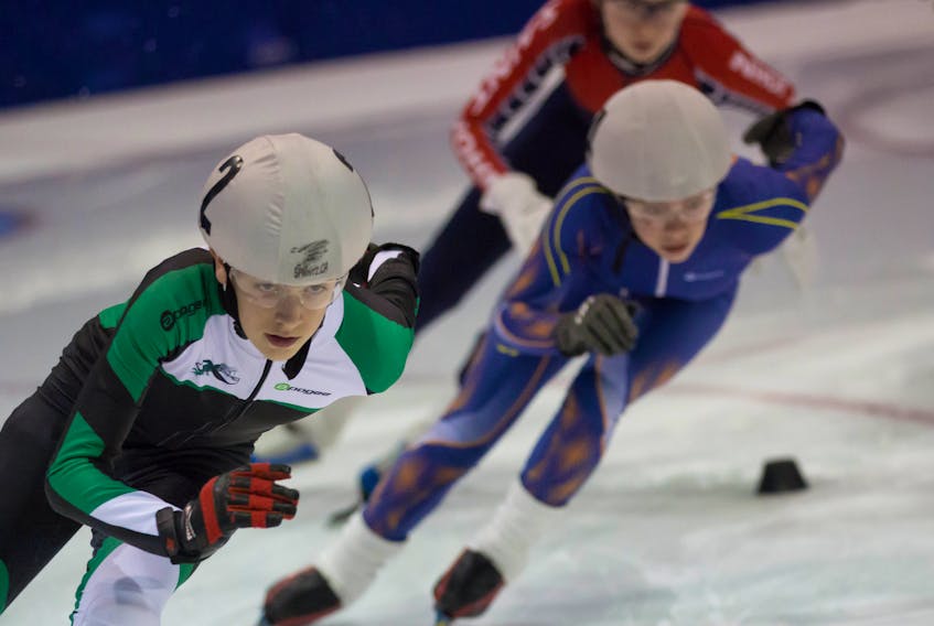 Addison Bruce, left, of Stratford took home a bronze medal from the recent Harold Joyce Short Track Speed Skating Championships in Fredericton, N.B. (Amanda Burke/Special to The Guardian)