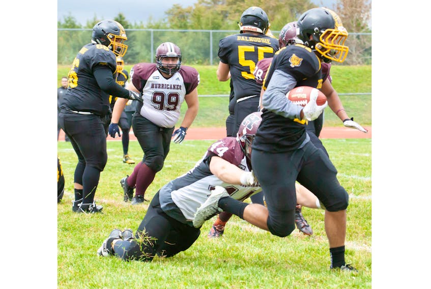 Holland College Hurricanes defensive lineman Mitchell Logan tries to bring down a Dalhousie Tigers ball carrier Sunday during Atlantic Football League action in Charlottetown.
