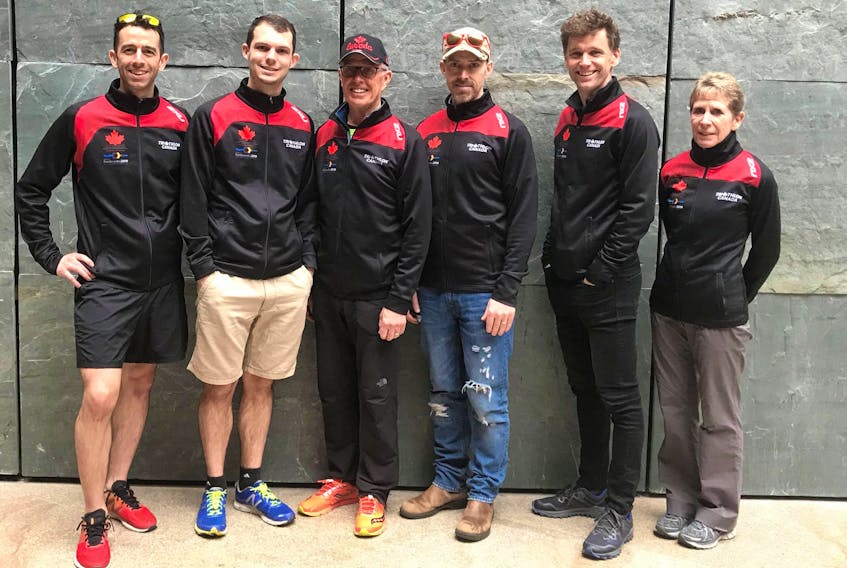 Six Islanders recently competed at the International Triathlon Union (ITU) Multisport World Championships in Pontevedra, Spain. From left are Gerald Gallant, Mitchell Stewart, Dan McCarthy, Anthony Landry, Bruno March and Doris Benson.