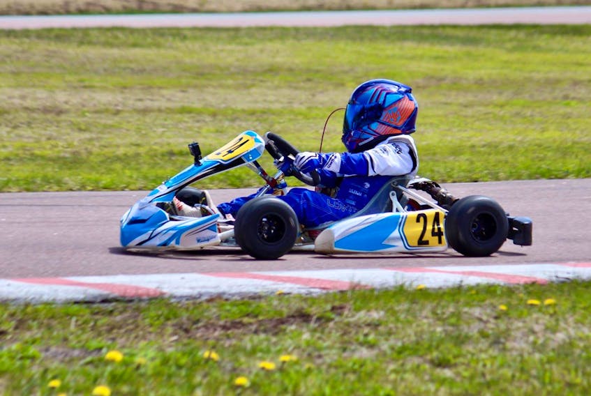 Ethan Lowther competes in Sunday’s Championship Kart Racing Association race in Scoudouc, N.B. Lois Hann/Special to The Guardian