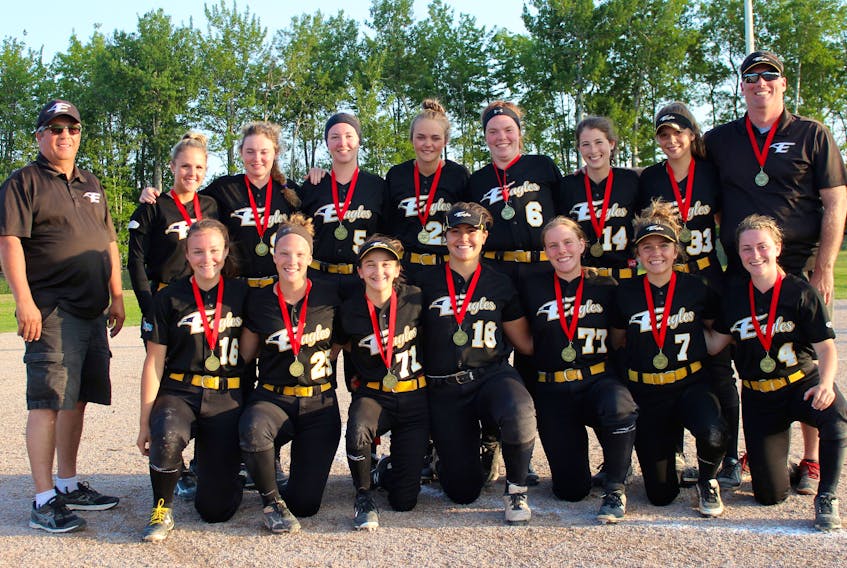 The P.E.I. under-19 Eagles brought home the title from the recent Eastern Canadian women's softball championship in Moncton. Members of the Eagles are, front row, from left, Emily Reynolds, Kaelyn White, Haley Savidant, Heather Drake, Hannah Sentner, Brooke Bernard and Emily Cairns. Second row, assistant coach Bobby Power, Kenzie Arsenault, Eryn Hustler, Margaret Reynolds, Sarah Murphy, Sydney Halliwell, Robyn Power, Jessica Turbide and head coach Chris Halliwell. Missing are Kassie Birt, Lila Mitchell and Lila Willdey.