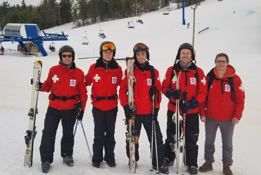 The Canadian Ski Patrol at the Mark Arendz Provincial Ski Park at Brookvale recently held the alpine on-snow portion of the training program. Completing the certification program and ready to hit the slopes are new recruits, from left, Scott Ryan, Cal Trainor, Jeremy Monaghan, Steve Howatt and Jake Mallett. Missing from photo is Nathan DeHaan. There are 38 members of the ski patrol who volunteer their time on the hills and trails in Brookvale and at various other events throughout the year.