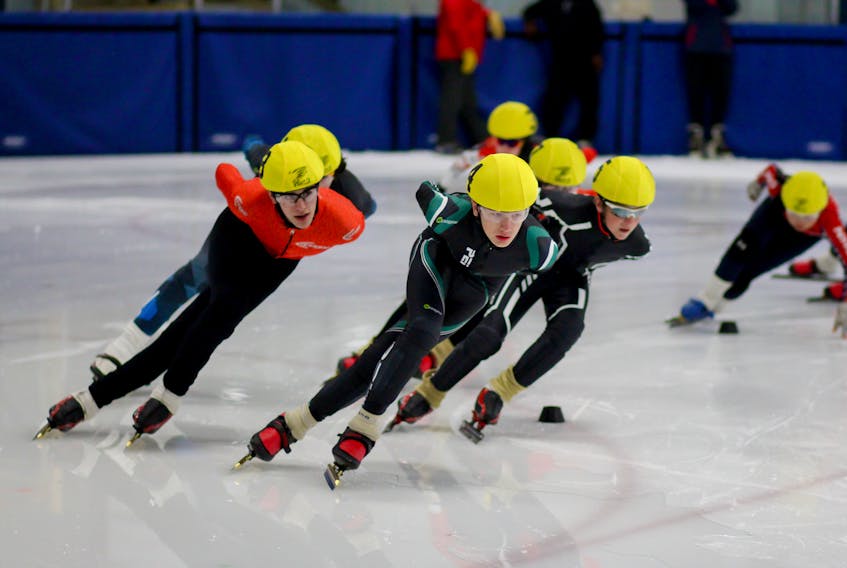 P.E.I.’s Carter Bruce, foreground, leads a group of New Brunswick skaters around a corner at a competition last year in Halifax. Bruce is one of several Island skaters aiming for a berth on P.E.I.’s speedskating teams for the 2019 Canada Games in Red Deer, Alta.