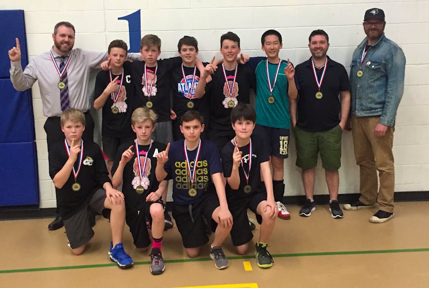 The Charlottetown Aces recently won the Volleyball P.E.I. 14-and-under boys’ provincial championship. Front row, from left, Jonah Murphy, Paul Kingston, Geoffrey Paton and Zack Harris. Second row, coach Nick Somers, Jonathan Hyndman, Nate Whitnell, Creegan Thompkins, Nick Harris, Carter Liu, coach Jacob Smith and coach Adam Terrio.