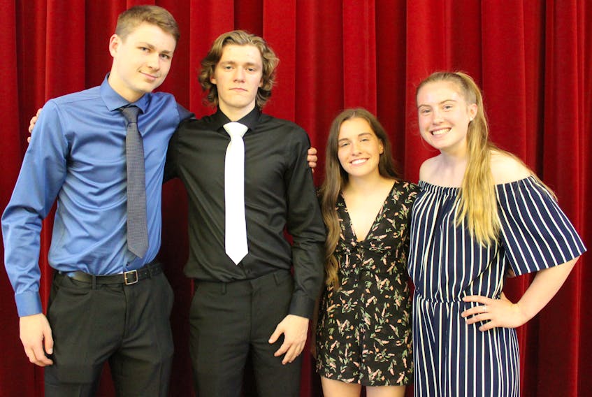 Charlottetown Rural High School recently handed out its year-end athletic awards. From left are Thomas Hogan (Shaul Gyori award and co- male athlete of the year), Logan MacCallum (co-male athlete of the year), Mia Fradsham (female athlete of the year) and Julia Freeburn (Frank J. Costello award)