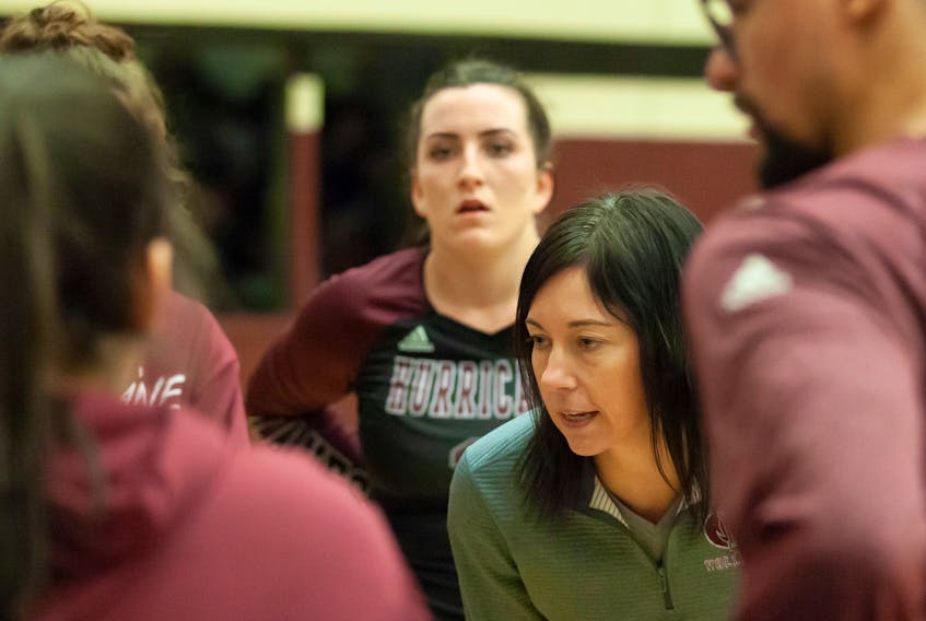 Holland College Hurricanes women’s volleyball head coach Lori-Beth Dwyer speaks to her team during a break in Atlantic collegiate action. Dwyer is stepping down after six seasons guiding the squad.