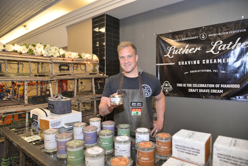 Olin Penna, owner of Luther Lather Shaving Creamery, has a pop-up kiosk in the Charlottetown Mall today for the second weekend in a row.