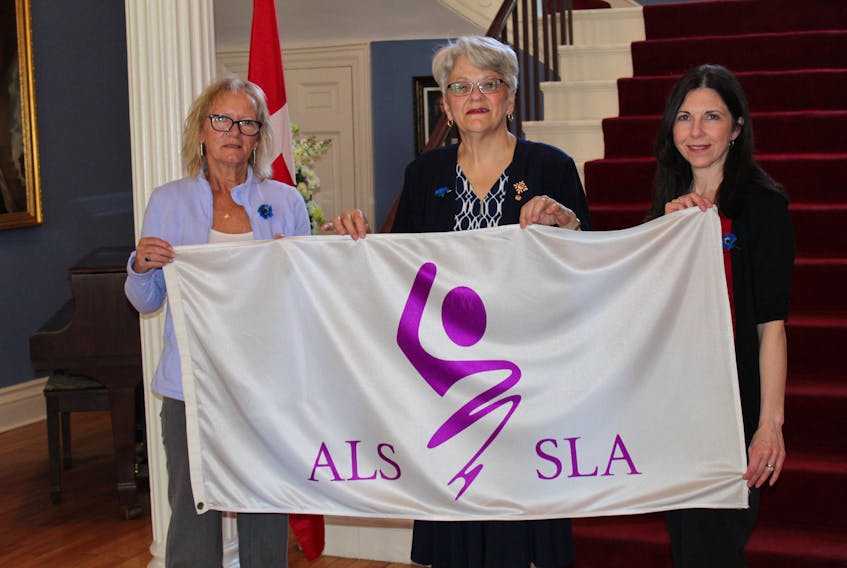 ALS Society of P.E.I. members meet with Lt.-Gov. Antoinette Perry, centre, prior to a flag-raising ceremony at Government House. June is ALS Awareness Month. From left are Maureen MacNevin and Coleen Williams. The 15th annual walk for ALS is June 9. Registration is 9 a.m. at Victoria Park, Charlottetown. For more information, go to http://alspei.ca/ or call 902-439-1600. The society is also looking for volunteers. For details call 902-439-1600 or email als_society_pei@hotmail.com.