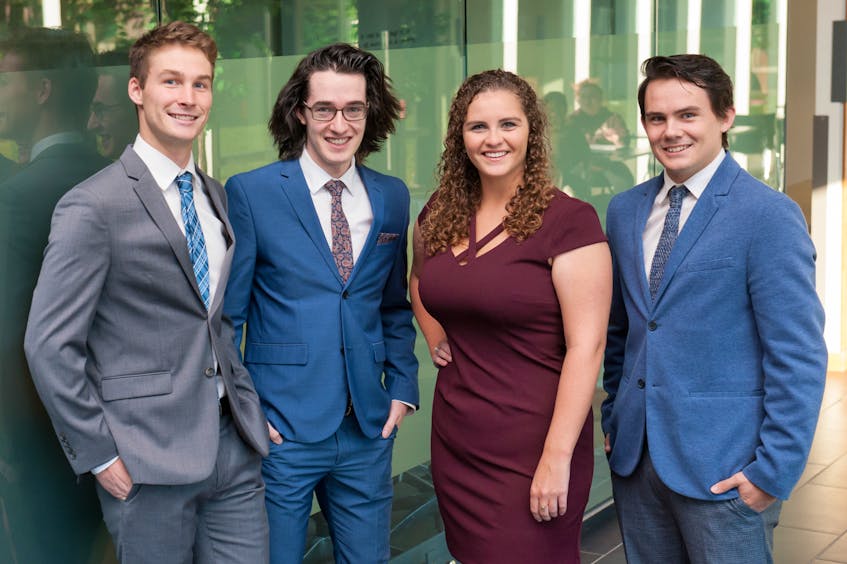 UPEI’s case team of students in the business program, from left, Jacob Ezeard, Andrew Stetson, Ellen Ross and Ethan MacFadyen, recently kicked off its competition season with a second-place finish at the Alberta International Business Competition.