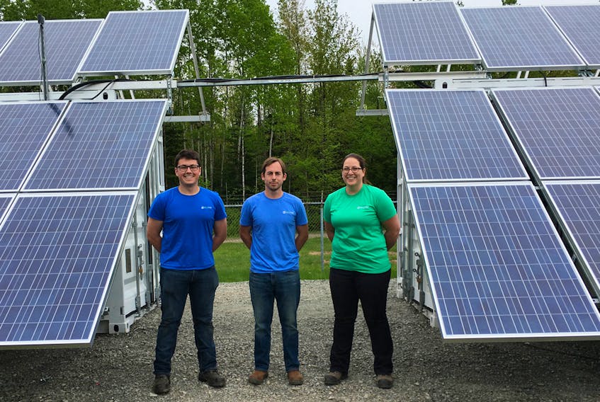 Three members of Island Water Technologies were at CFB Gagetown this summer to help with the installation and validation of the company’s solar powered modular wastewater treatment system. In the picture is Bryce Stewart, left, Michael Deighan and Becca Connolly.