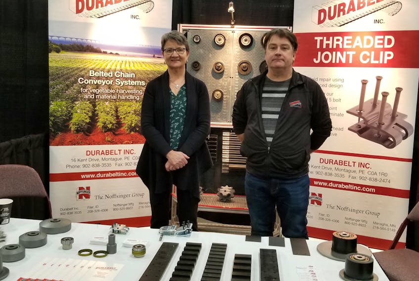 Durabelt regional manager Bernadette Walker, left, and Paul McCarthy were among the vendors at the P.E.I. Potato Conference and Tradeshow on Feb. 19, 2019 at the Eastlink Centre.