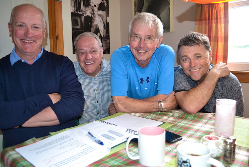 Members of The Four Tellers take a break from a planning session for the Last Laugh Tour which kicks off Monday, June 25, at the Kings Playhouse in Georgetown. From left are Gary Evans, Alan Buchanan, David Weale and Dennis King.