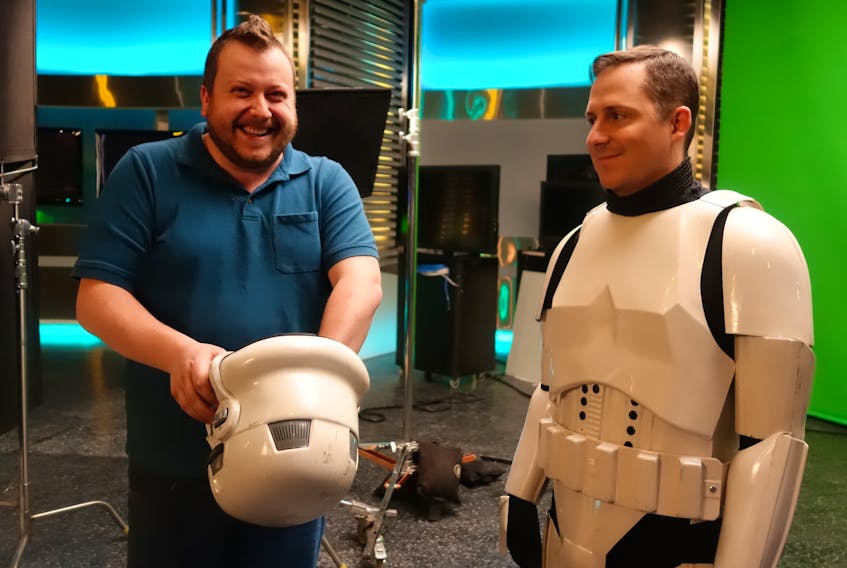 Mike Allison, right, preparing to play a Storm Trooper in a sketch for “This Hour Has 22 Minutes,” with Eric Wiseman, the studio switcher for the show.