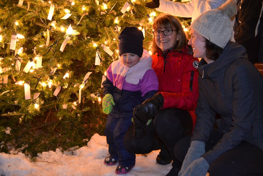 Indiana Hogan with her mom, Stephanie Hogan, right, and grandmother Barbara McInnis, check the bulbs on last year’s Tignish Health Co-op Centre’s memorial Christmas tree. This year’s tree-lighting is set for today at 6 p.m. Memorial tags for the bulbs can be purchased at the Heath Centre’s front counter and from community volunteers.
