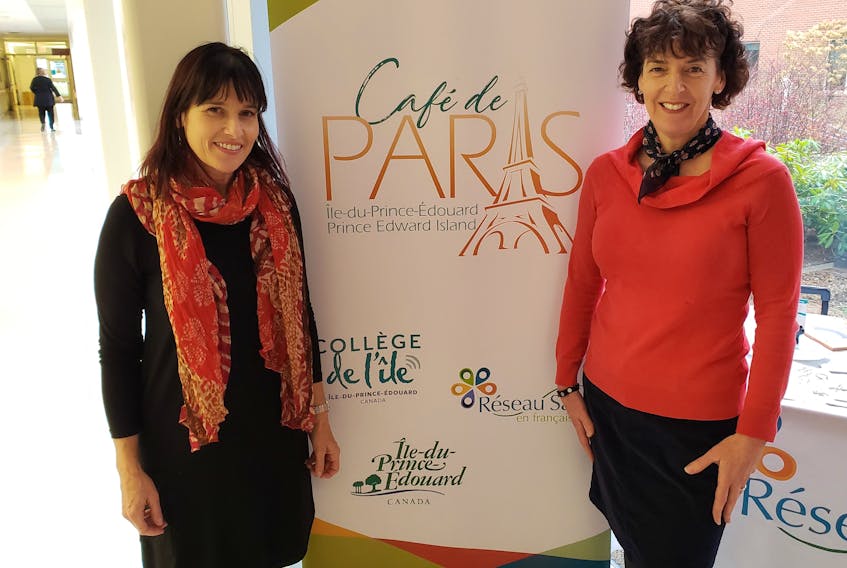 Patricia Richard, left, French Language Health Network, joins Sonia Bourgeois, Collège de l'Île tutor, to promote a new service, Café de Paris, offered on location in five P.E.I. health-care facilities to support front-line staff offering services to French-speaking clients.