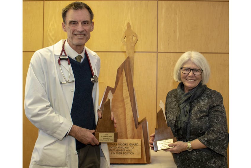 Doctor Michael Irvine, left, and Arlene Gallant-Bernard were the 2018 recipients of the Dr. Tom Moore Award at Prince County Hospital.
