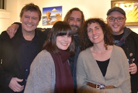 Lennie Gallant joins some of the other Music P.E.I. nominees during the music festival’s kick-off party at The Guild in Charlottetown on Wednesday night. With Gallant, back left, are Richard Wood and Jon Matthews. Front are Rachel Beck, left, and Millefiore Clarkes.