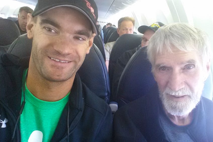 Jimmy Lefebvre is shown on a flight with his father, Simon, about a month before Simon’s death in 2016. Lefebvre and members of his family are nearing an end of a cross-Canada walk from Grande Prairie, Alta., to Simon’s resting place in Palmer Road, P.E.I. In their Can-Survive walk, they are raising money in Simon’s memory for cancer research and to support cancer patients and their families.