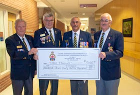 Members from Royal Canadian Legion Wellington Br. No. 17 visited the Prince County Hospital Foundation to make a donation. From left are Paul Gallant, third vice, Austin Poirier, second vice, David Redmond, president and Albert Hashie, first vice president. The group presented PCH with $3000. It’s part of the three-year, $9000 pledge the legion has to support the purchase of medical equipment for the Prince County Hospital.