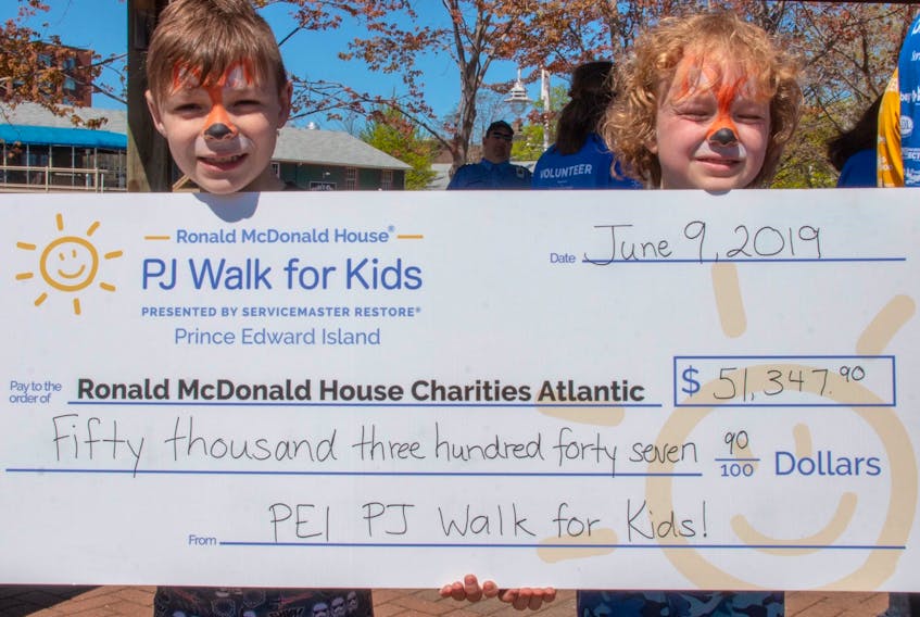 Hunter Barkhouse, left, and Owen Parnham hold a cheque for the amount of money raised at the 2019 PJ Walk For Kids in Charlottetown. They have both attended all three years for this event on P.E.I.