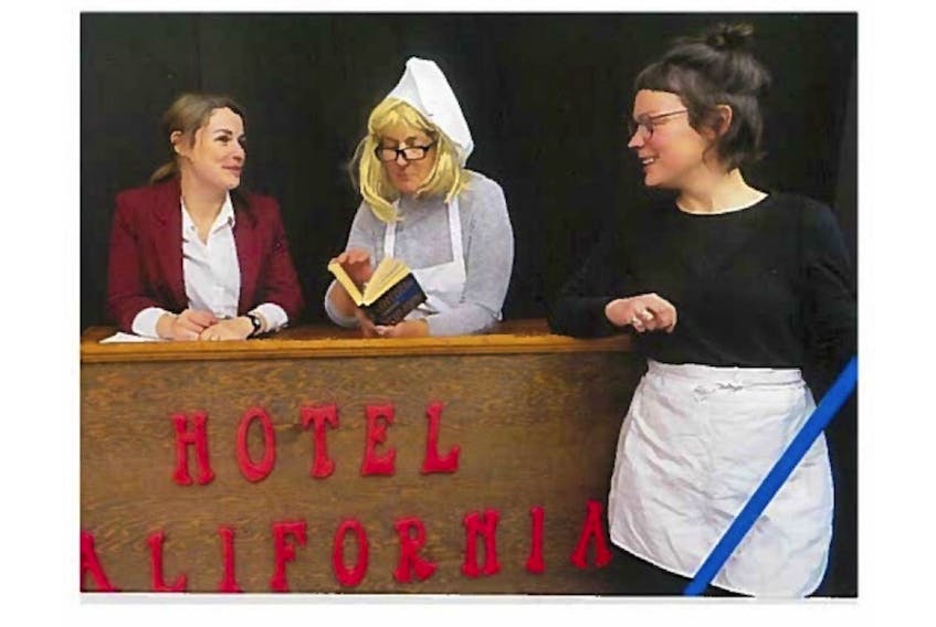 Jocelyn Fraser, left, Bonnie Roloson and Jessica Mutch rehearse a scene from “Welcome to the Hotel California”, which takes the stage at the Belfast Rec Centre on April 27.