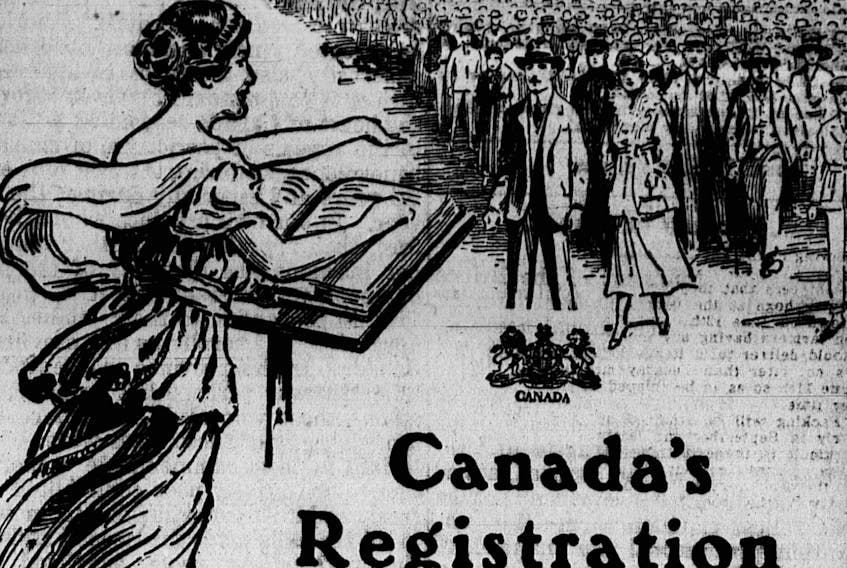 Guardian readers in the early weeks of June 1918 were greeted with a series of large advertisements, like this one that ran on June 8, exhorting them to remember Registration Day on June 22. On that date, every Canadian resident 16 years of age and older — “male or female, British or alien” — was required to fill out a registration card, highlighting skills and availability for the war effort. The ads also hinted at mandatory rationing and labour restrictions if the war were to last into 1919.