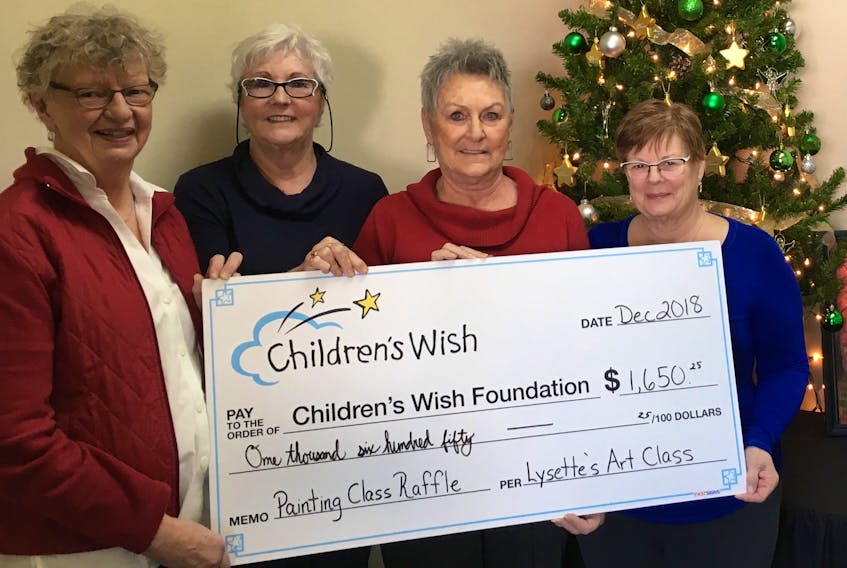 Lysette Art recently conducted a painting raffle, which raised $1,650.25 for the Children’s Wish Foundation of Canada, P.E.I. chapter. From left are Mona Reck, Dale Vigneault, Lysette Sampson and Dolores Watts. The P.E.I. chapter is currently working on granting 23 wishes for Island children and appreciates the support of these artists.