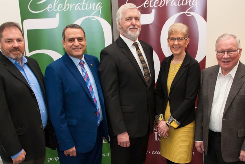 Members of the INSPIRE! Campaign cabinet have announced the completion and results of their friend- and fundraising efforts. From left are John Horrelt, UPEI president Alaa Abd-El-Aziz, J. Gordon MacKay, Myrtle Jenkins-Smith and Blair MacLauchlan. Missing from the photo are Donna Hassard and Ray Keenan