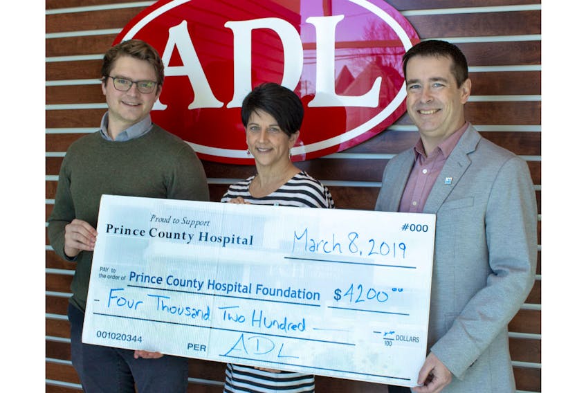 Gail Ellis, chief financial officer/treasurer at ADL, and Ken Smith, right, director of business development, present PCH Foundation board member Derek Bondt with a gift of $4,200. The funds will help to bring new and replacement medical equipment to the Prince County Hospital and the thousands of Islanders it serves. ADL has long been committed to helping the Prince County Hospital Foundation achieve its goals in providing medical equipment for the PCH. Through this gift and many more, the company has provided more than $308,645.00 in medical equipment since 1983. "The staff and producer owners of ADL appreciate the vital role the Prince County Hospital plays towards the health care and well-being of Islanders,” says ADL CEO Chad Mann. Submitted