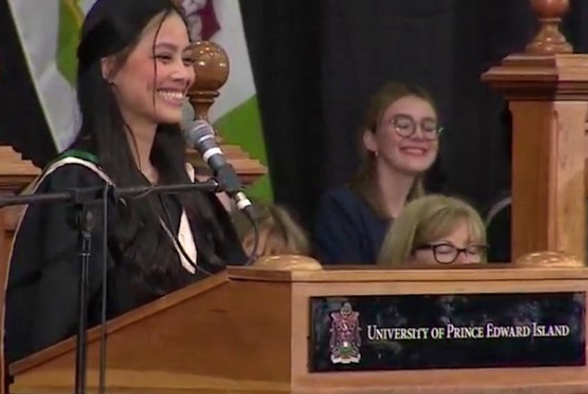 Marie Antoinette Pangan delivers the valedictory address to UPEI nursing graduates last month. The recently graduated nurse has worked for Andrews of Charlottetown for the past two years, where staff says residents were lucky to have her.